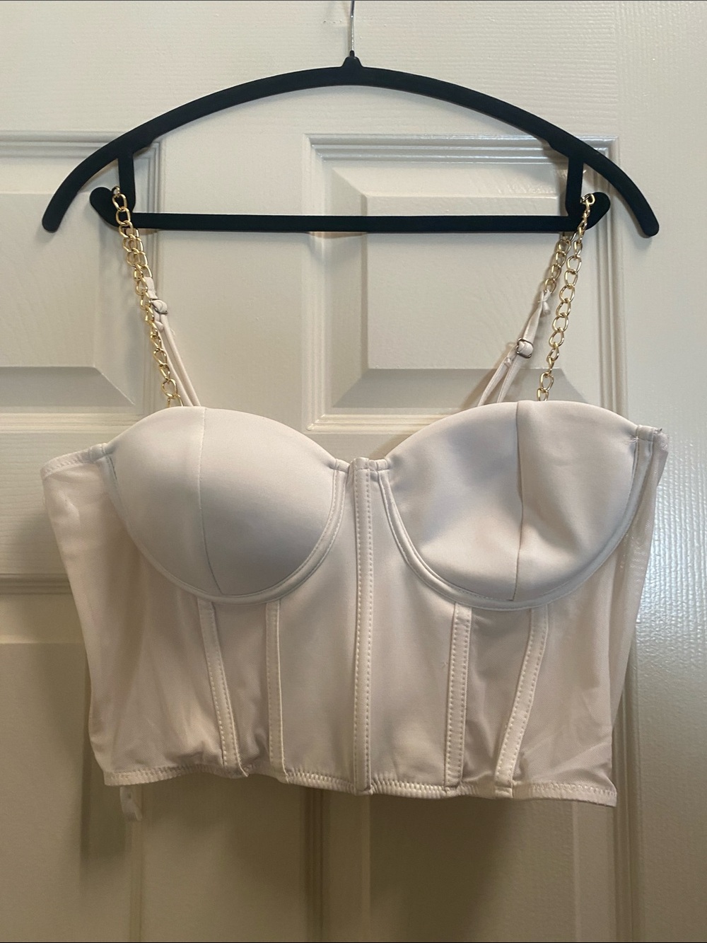 Say What? White Bustier Crop Top with Gold Chain Straps